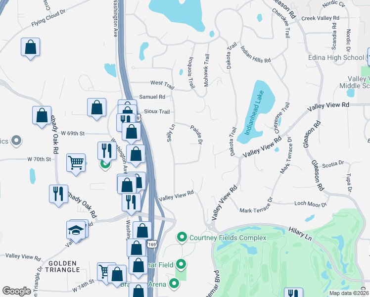 map of restaurants, bars, coffee shops, grocery stores, and more near 6837 Sally Lane in Edina