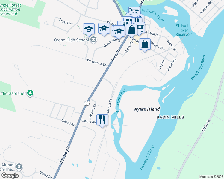 map of restaurants, bars, coffee shops, grocery stores, and more near 21 Margin Street in Orono