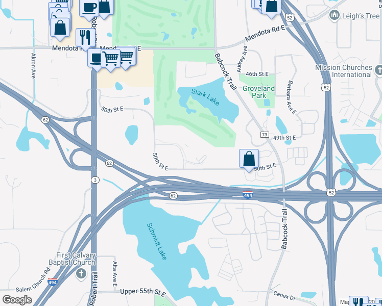 map of restaurants, bars, coffee shops, grocery stores, and more near 4930 Ashley Lane in Inver Grove Heights
