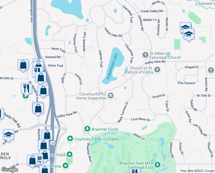 map of restaurants, bars, coffee shops, grocery stores, and more near 6936 Valley View Rd in Minneapolis