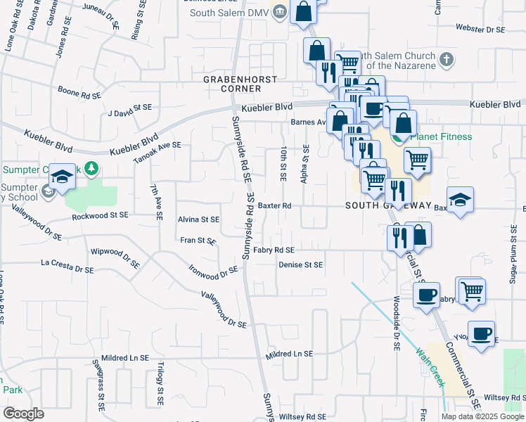 map of restaurants, bars, coffee shops, grocery stores, and more near 990 Baxter Road Southeast in Salem