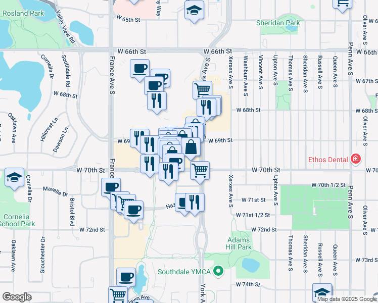 map of restaurants, bars, coffee shops, grocery stores, and more near 3210 Galleria in Edina