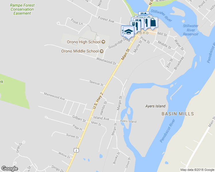 map of restaurants, bars, coffee shops, grocery stores, and more near 166 Main Street in Orono