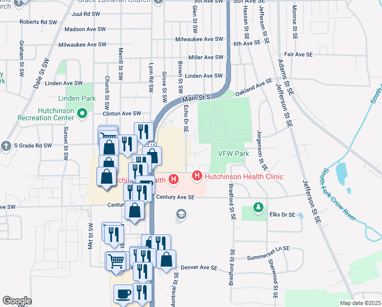 map of restaurants, bars, coffee shops, grocery stores, and more near 220 Echo Circle Southeast in Hutchinson