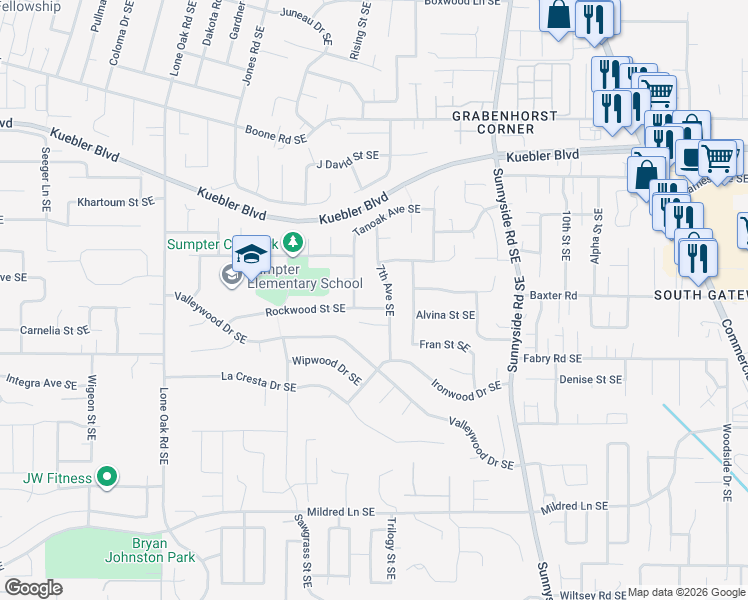 map of restaurants, bars, coffee shops, grocery stores, and more near 676 Rockwood Street Southeast in Salem