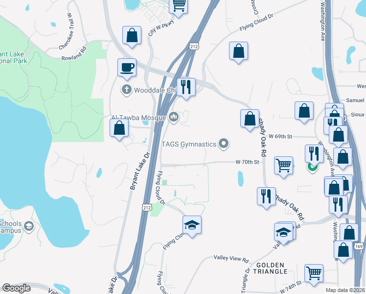 map of restaurants, bars, coffee shops, grocery stores, and more near 6901 Flying Cloud Drive in Eden Prairie