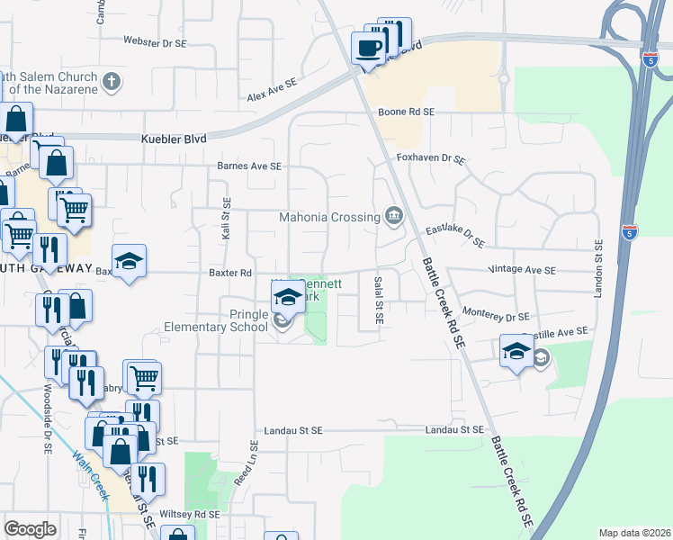 map of restaurants, bars, coffee shops, grocery stores, and more near 5457 Bellflower Street Southeast in Salem
