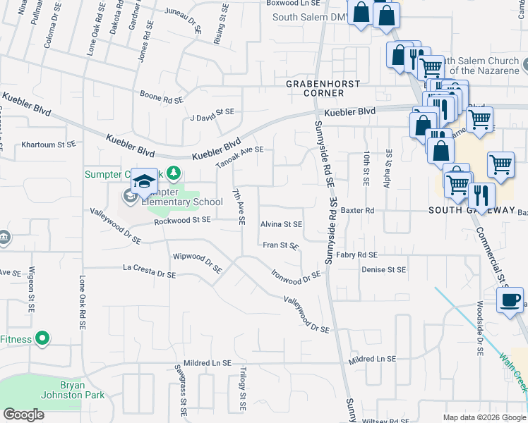 map of restaurants, bars, coffee shops, grocery stores, and more near 5425 Hickory Hill Drive Southeast in Salem