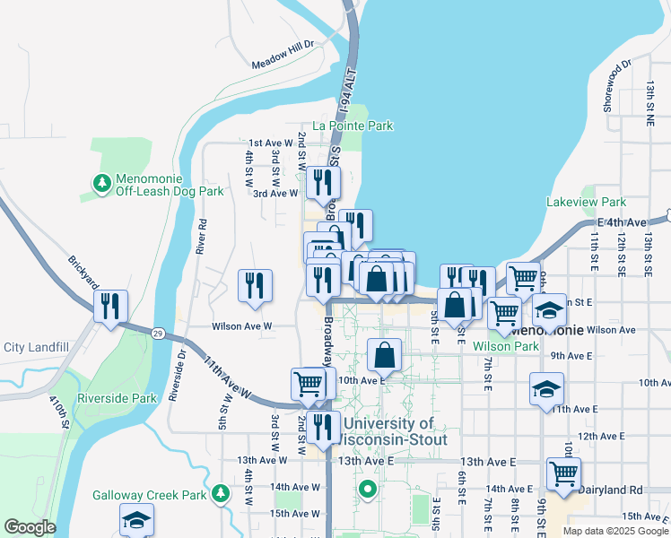 map of restaurants, bars, coffee shops, grocery stores, and more near 605 2nd Street East in Menomonie