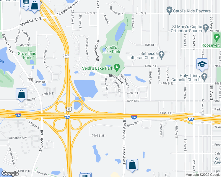 map of restaurants, bars, coffee shops, grocery stores, and more near 2246 49th Street East in Inver Grove Heights
