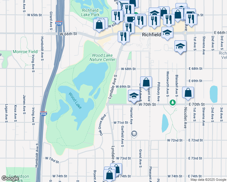 map of restaurants, bars, coffee shops, grocery stores, and more near 6901 Lyndale Avenue South in Richfield