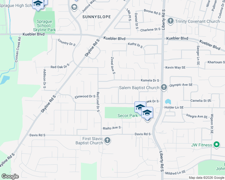 map of restaurants, bars, coffee shops, grocery stores, and more near 5457 Green Ridge Court South in Salem