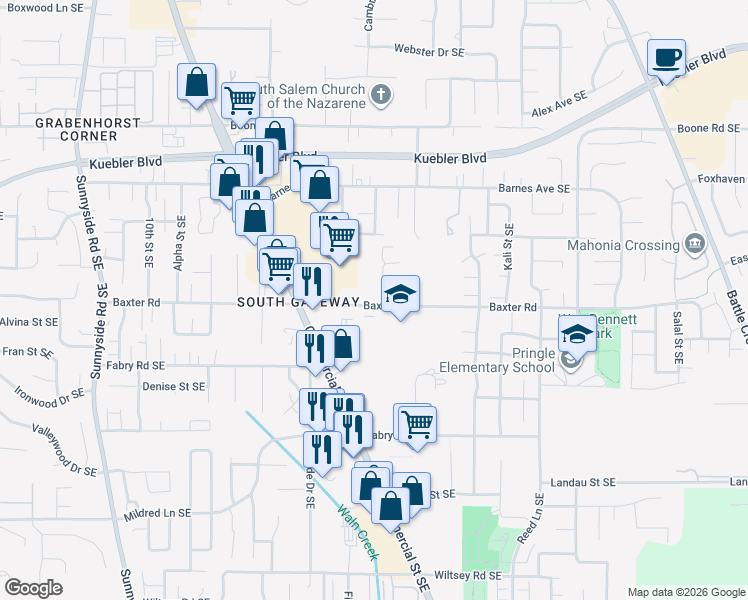 map of restaurants, bars, coffee shops, grocery stores, and more near 1672 Baxter Road Southeast in Salem