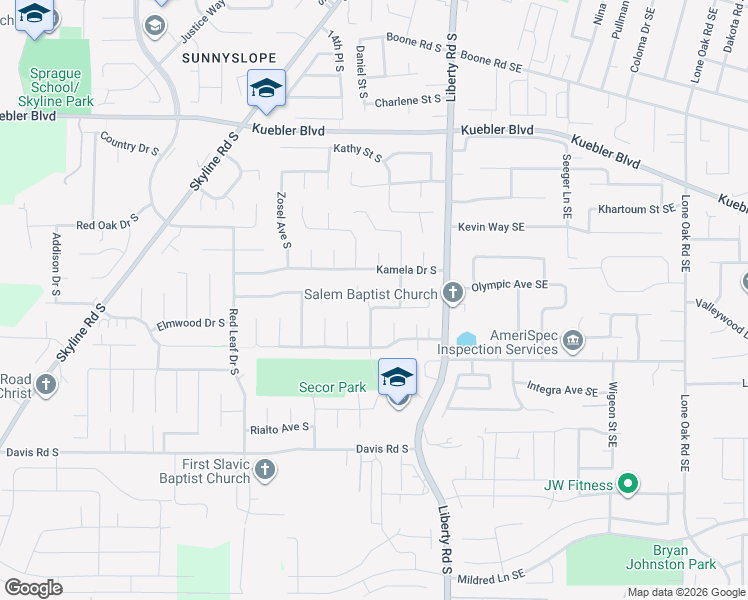 map of restaurants, bars, coffee shops, grocery stores, and more near 5458 East Ridge Street South in Salem