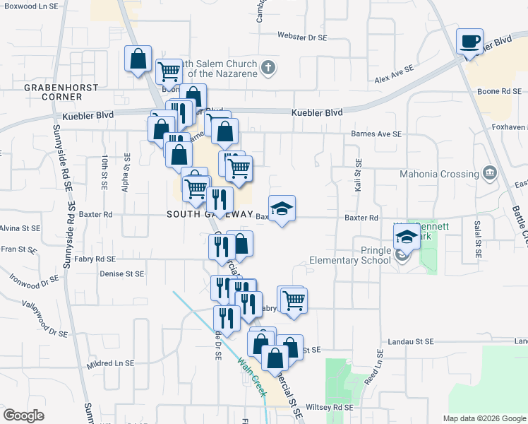 map of restaurants, bars, coffee shops, grocery stores, and more near 1672 Baxter Road Southeast in Salem