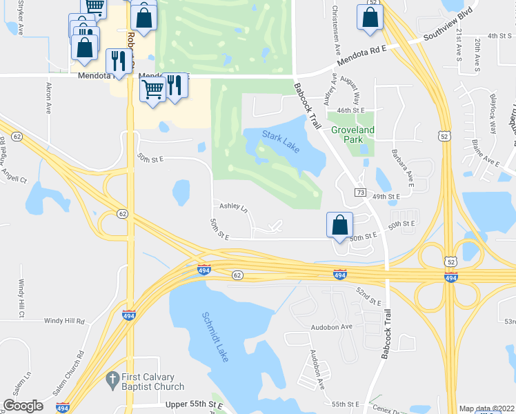 map of restaurants, bars, coffee shops, grocery stores, and more near 4920 Ashley Lane in Inver Grove Heights