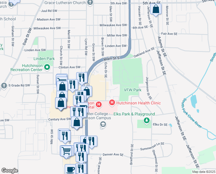 map of restaurants, bars, coffee shops, grocery stores, and more near 991 Echo Drive Southeast in Hutchinson