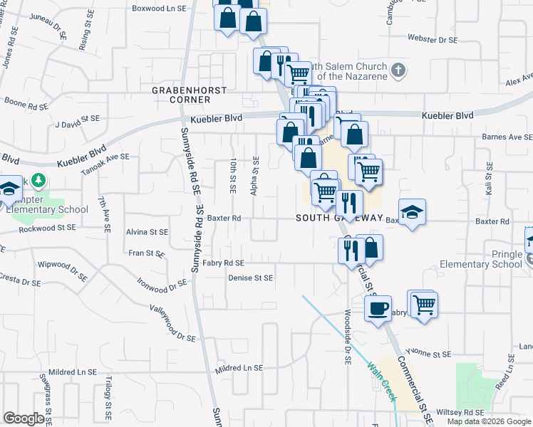 map of restaurants, bars, coffee shops, grocery stores, and more near 5361 Regan Court Southeast in Salem