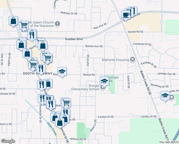 map of restaurants, bars, coffee shops, grocery stores, and more near 5312 Kali Street Southeast in Salem