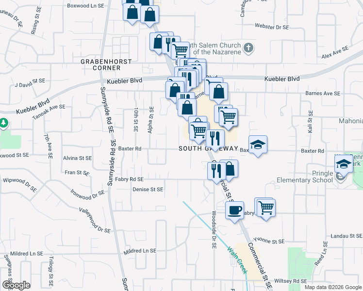 map of restaurants, bars, coffee shops, grocery stores, and more near 5320 Baxter Court Southeast in Salem