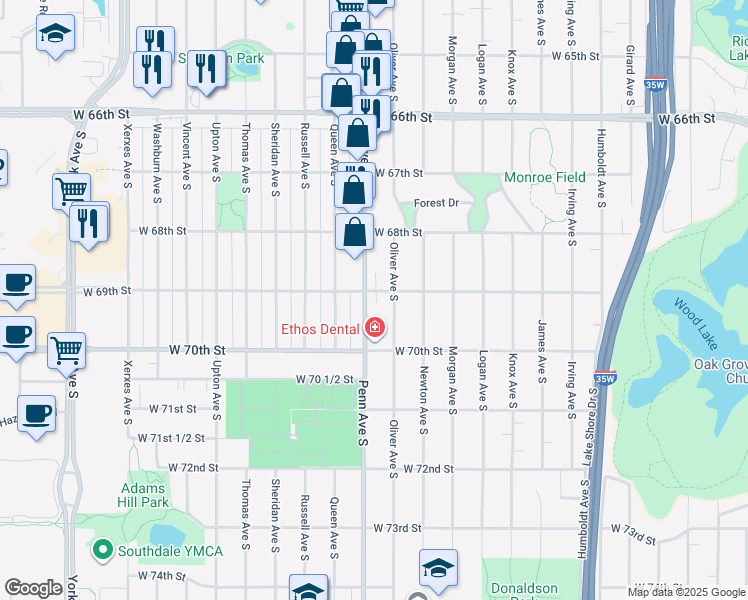 map of restaurants, bars, coffee shops, grocery stores, and more near 6848 Oliver Avenue South in Minneapolis