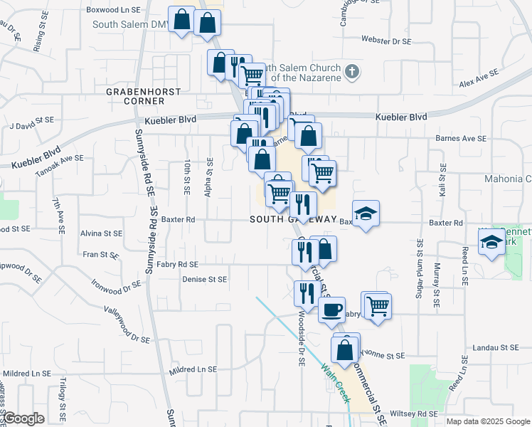 map of restaurants, bars, coffee shops, grocery stores, and more near 1251 Baxter Road Southeast in Salem