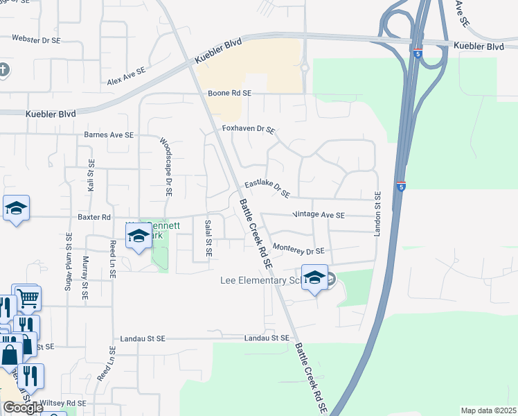 map of restaurants, bars, coffee shops, grocery stores, and more near 2611 Vintage Avenue Southeast in Salem