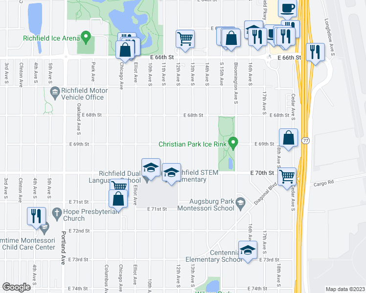 map of restaurants, bars, coffee shops, grocery stores, and more near 6901 12th Avenue South in Minneapolis