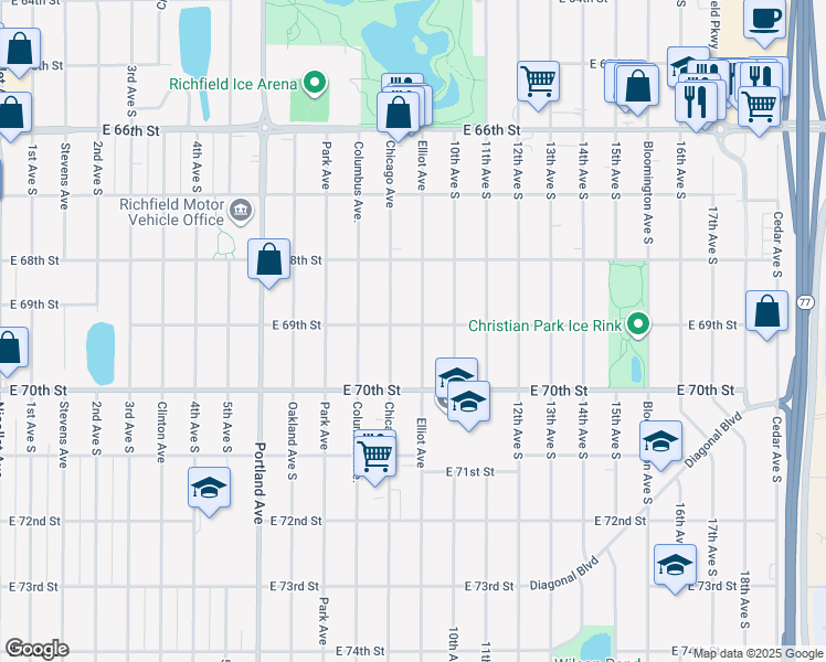 map of restaurants, bars, coffee shops, grocery stores, and more near 6839 Chicago Avenue in Richfield