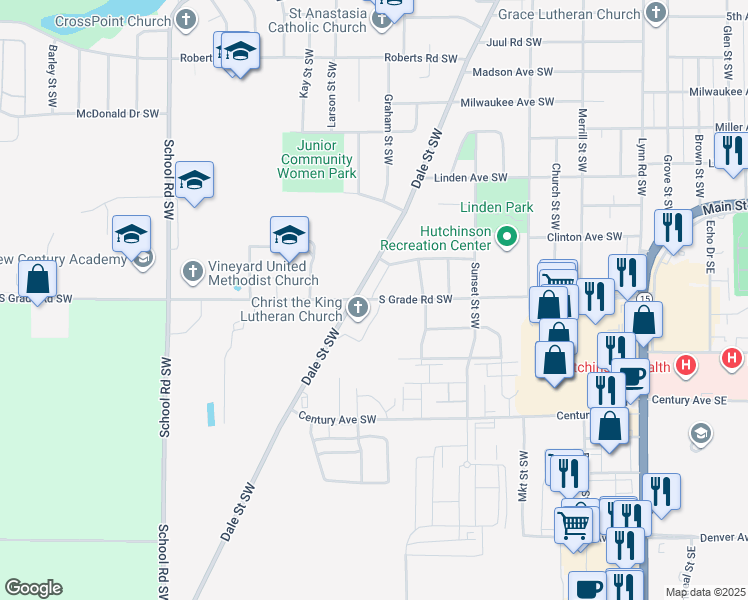 map of restaurants, bars, coffee shops, grocery stores, and more near 1040 South Grade Road Southwest in Hutchinson
