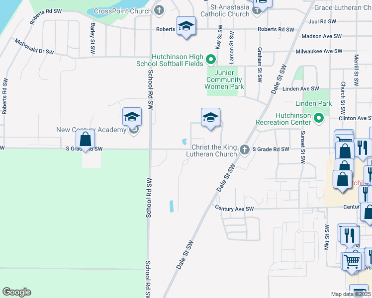 map of restaurants, bars, coffee shops, grocery stores, and more near 1365 South Grade Road Southwest in Hutchinson