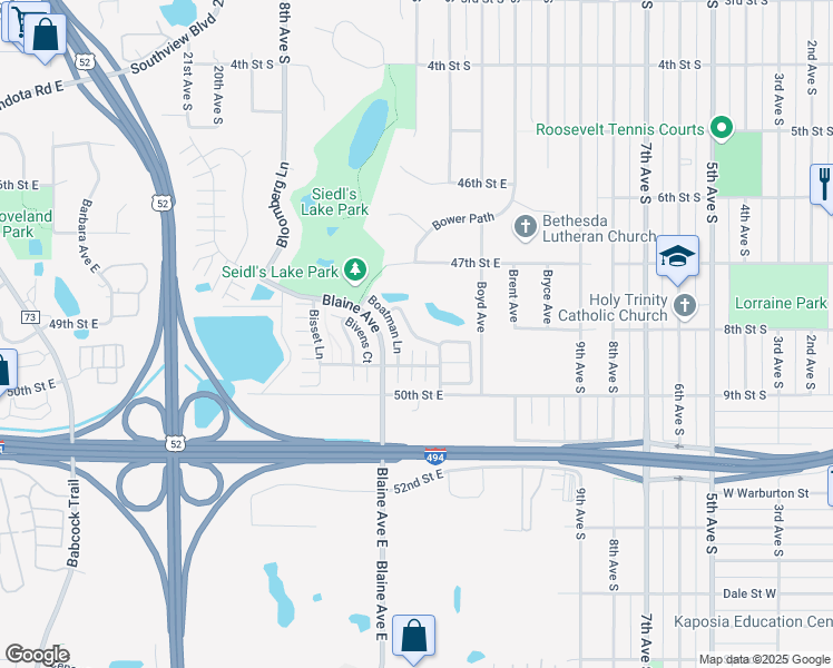 map of restaurants, bars, coffee shops, grocery stores, and more near 4877 Boatman Lane in Inver Grove Heights