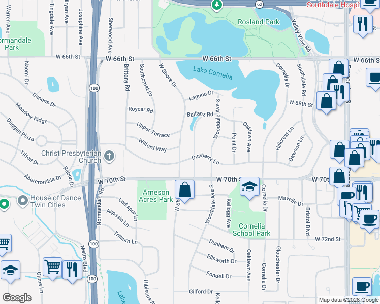 map of restaurants, bars, coffee shops, grocery stores, and more near 6824 Creston Road in Minneapolis
