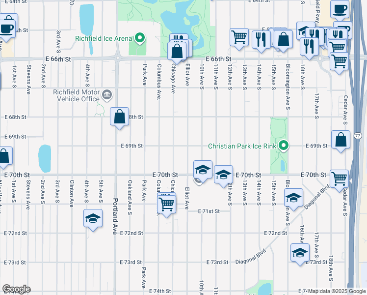 map of restaurants, bars, coffee shops, grocery stores, and more near 6839 Chicago Avenue in Richfield