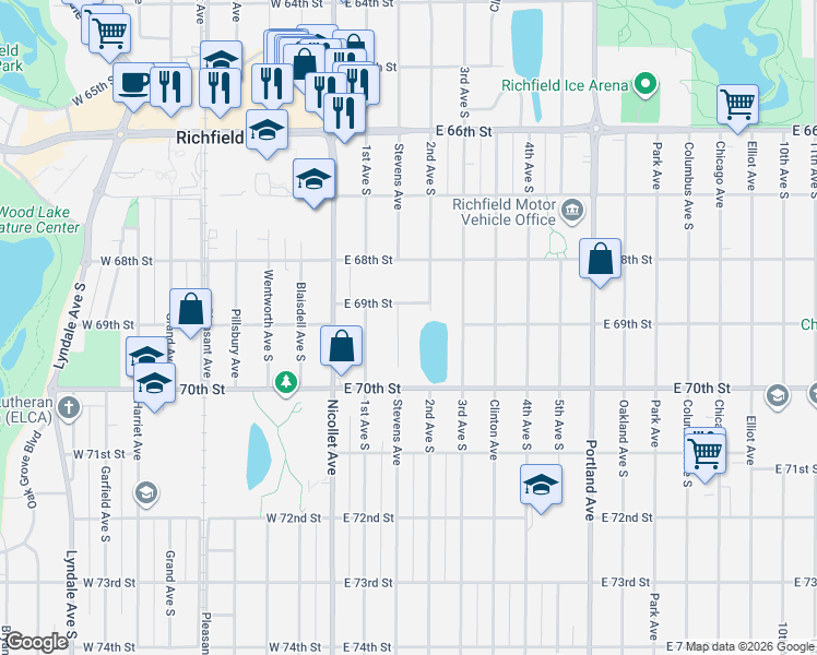 map of restaurants, bars, coffee shops, grocery stores, and more near 6839 2nd Avenue South in Richfield