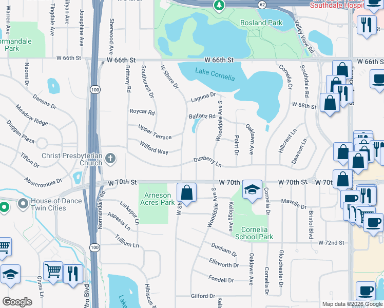 map of restaurants, bars, coffee shops, grocery stores, and more near 6824 Creston Road in Minneapolis