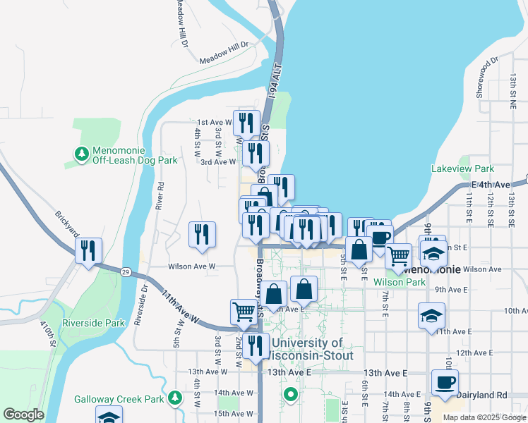 map of restaurants, bars, coffee shops, grocery stores, and more near 444 Broadway Street South in Menomonie