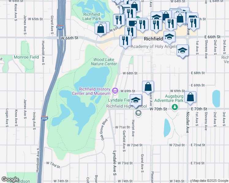 map of restaurants, bars, coffee shops, grocery stores, and more near 6901 Lyndale Avenue South in Richfield