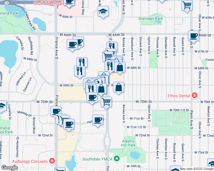 map of restaurants, bars, coffee shops, grocery stores, and more near 6900 York Avenue South in Edina
