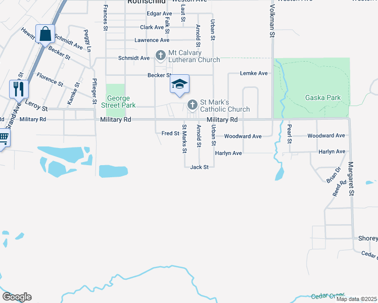 map of restaurants, bars, coffee shops, grocery stores, and more near 1005 Saint Marks Street in Rothschild