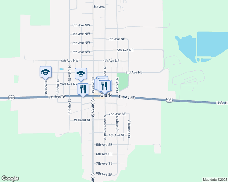 map of restaurants, bars, coffee shops, grocery stores, and more near 201-299 2nd Avenue Northeast in Clark