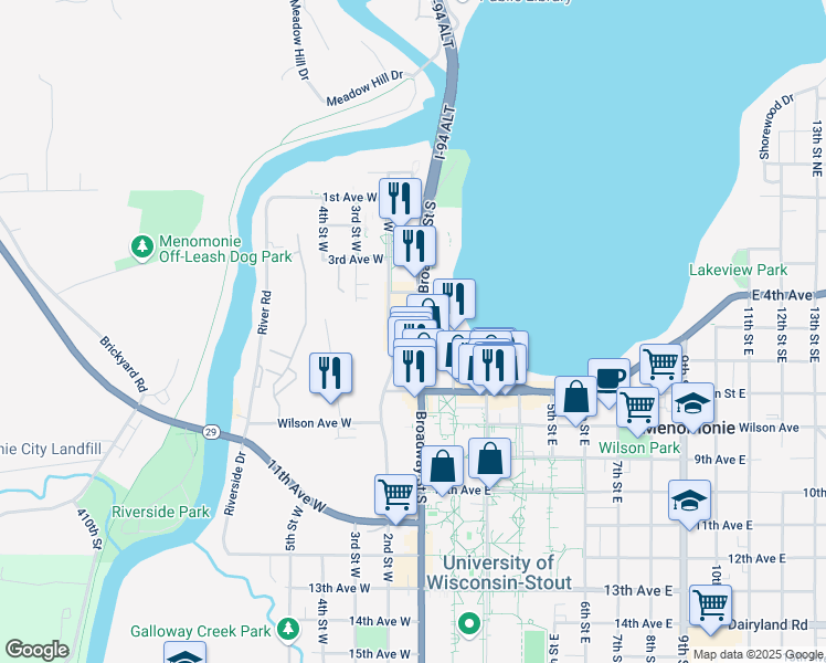 map of restaurants, bars, coffee shops, grocery stores, and more near 441-499 Broadway Street South in Menomonie