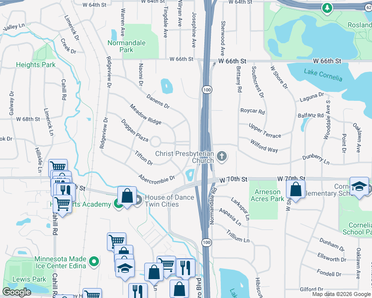 map of restaurants, bars, coffee shops, grocery stores, and more near 5101 Tifton Drive in Minneapolis