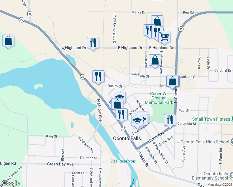 map of restaurants, bars, coffee shops, grocery stores, and more near 160 Linden Avenue in Oconto Falls