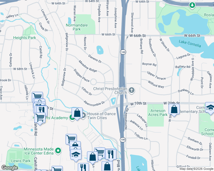 map of restaurants, bars, coffee shops, grocery stores, and more near 5101 Tifton Drive in Minneapolis