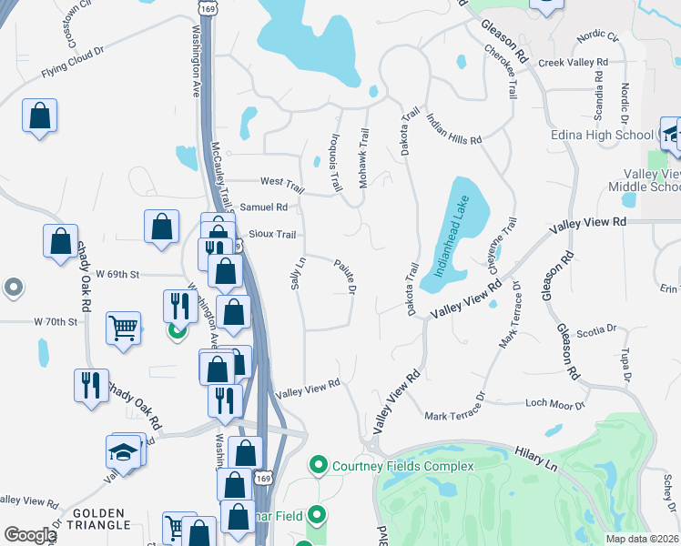 map of restaurants, bars, coffee shops, grocery stores, and more near 6813 Paiute Drive in Minneapolis