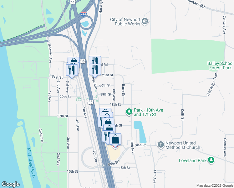 map of restaurants, bars, coffee shops, grocery stores, and more near 1949 Barry Drive in Newport