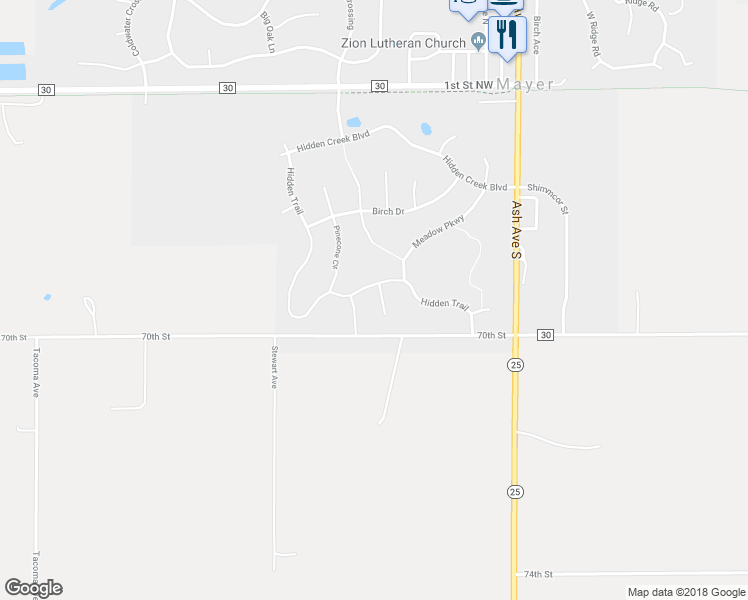 map of restaurants, bars, coffee shops, grocery stores, and more near 1721 Juniper Knoll in Mayer