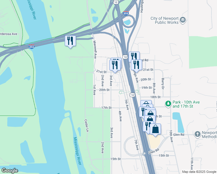 map of restaurants, bars, coffee shops, grocery stores, and more near 1933 3rd Avenue in Newport