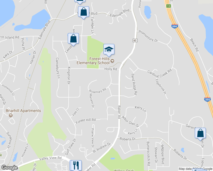 map of restaurants, bars, coffee shops, grocery stores, and more near 6890 Rosemary Road in Eden Prairie
